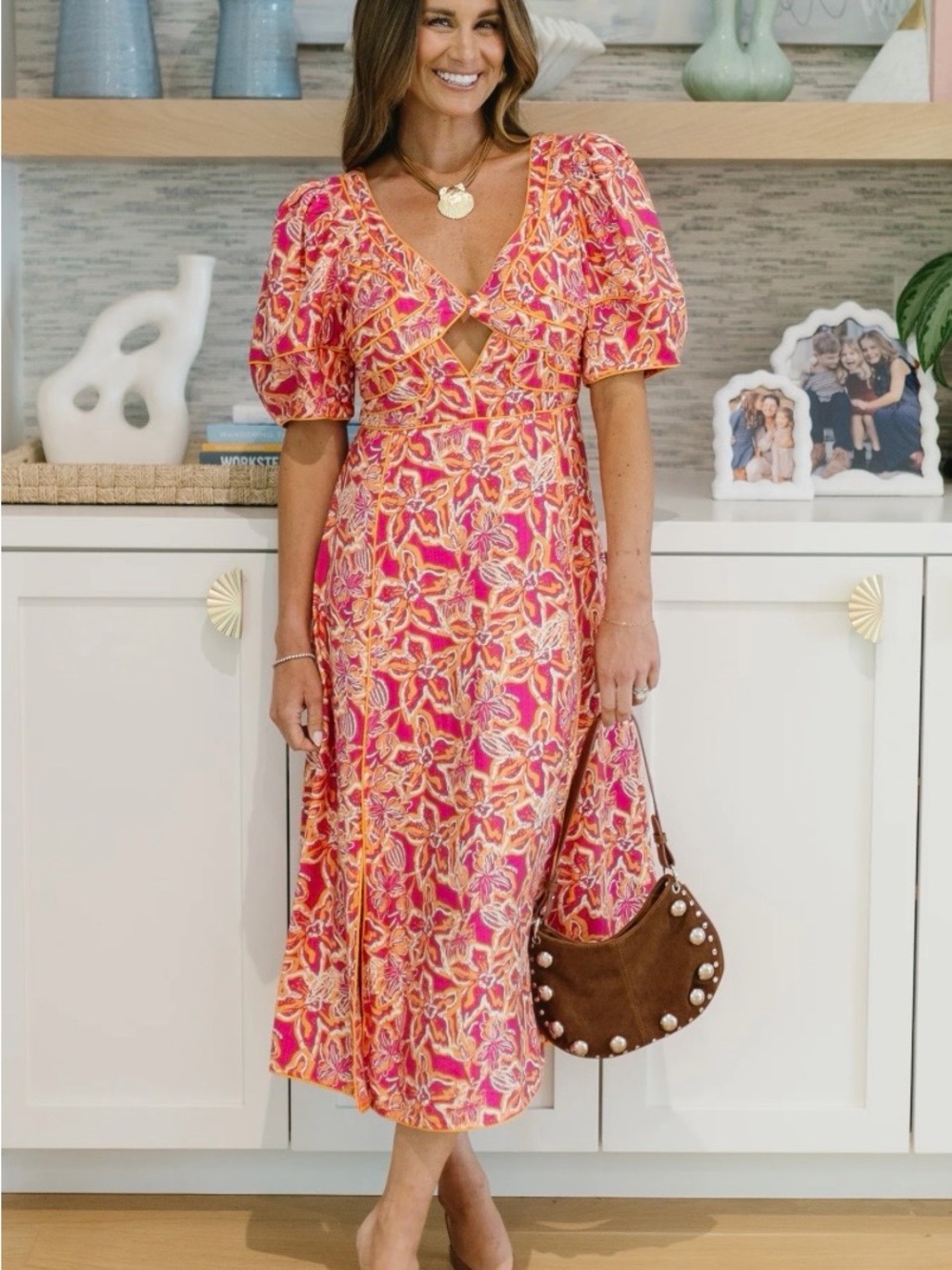 Brand New Pink and Orange Floral Midi Dress